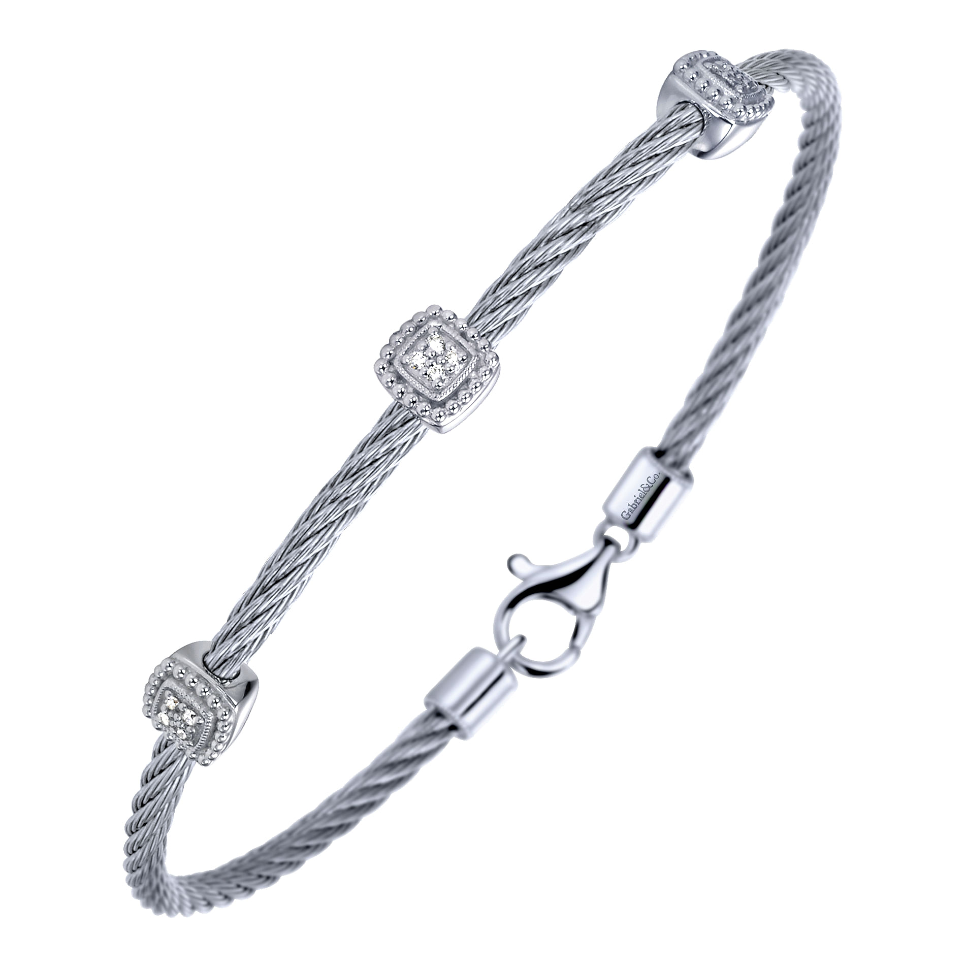 925 Sterling Silver-Stainless Steel Twisted Cable Bangle with 3 Square Cluster Diamond Stations