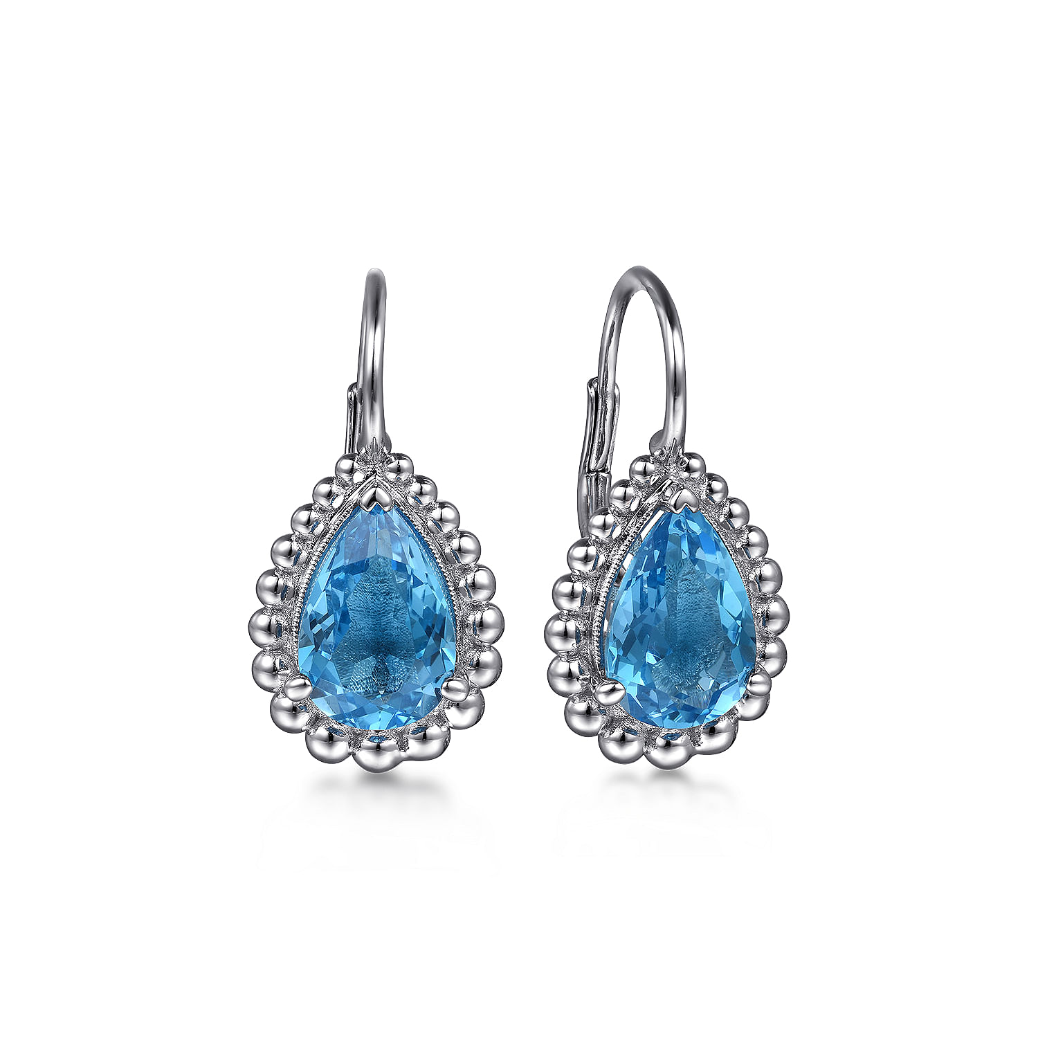 925 Sterling Silver Swiss Blue Topaz Bujukan Pear Shape Leverback Earrings With Pattern