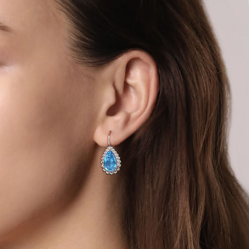 925 Sterling Silver Swiss Blue Topaz Bujukan Pear Shape Leverback Earrings With Pattern