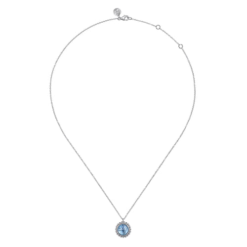 925 Sterling Silver Swiss Blue Topaz Bujukan Round Shape Necklace With Pattern