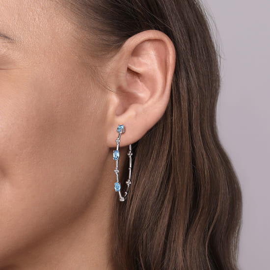925 Sterling Silver Swiss Blue Topaz Classic Hoop Earrings, 40mm-Bujukan angle 2