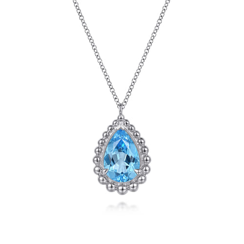 925 Sterling Silver Swiss Blue Topaz Teardrop Pendant Necklace-Bujukan 