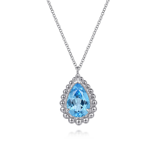 925 Sterling Silver Swiss Blue Topaz Teardrop Pendant Necklace-Bujukan 