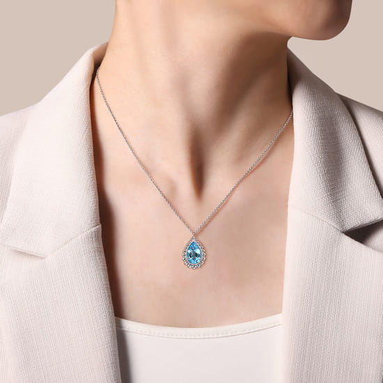 925 Sterling Silver Swiss Blue Topaz Teardrop Pendant Necklace-Bujukan  angle 3