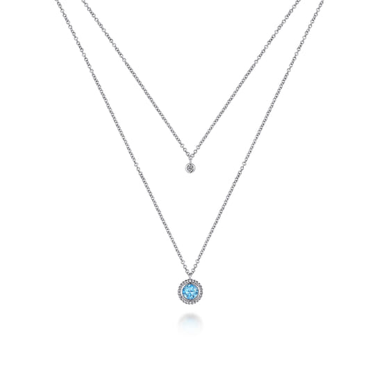 925 Sterling Silver Swiss Blue Topaz and Diamond Layered Necklace