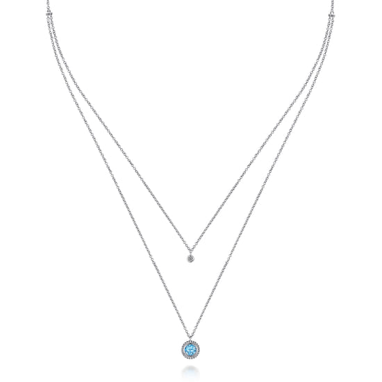 925 Sterling Silver Swiss Blue Topaz and Diamond Layered Necklace angle 2