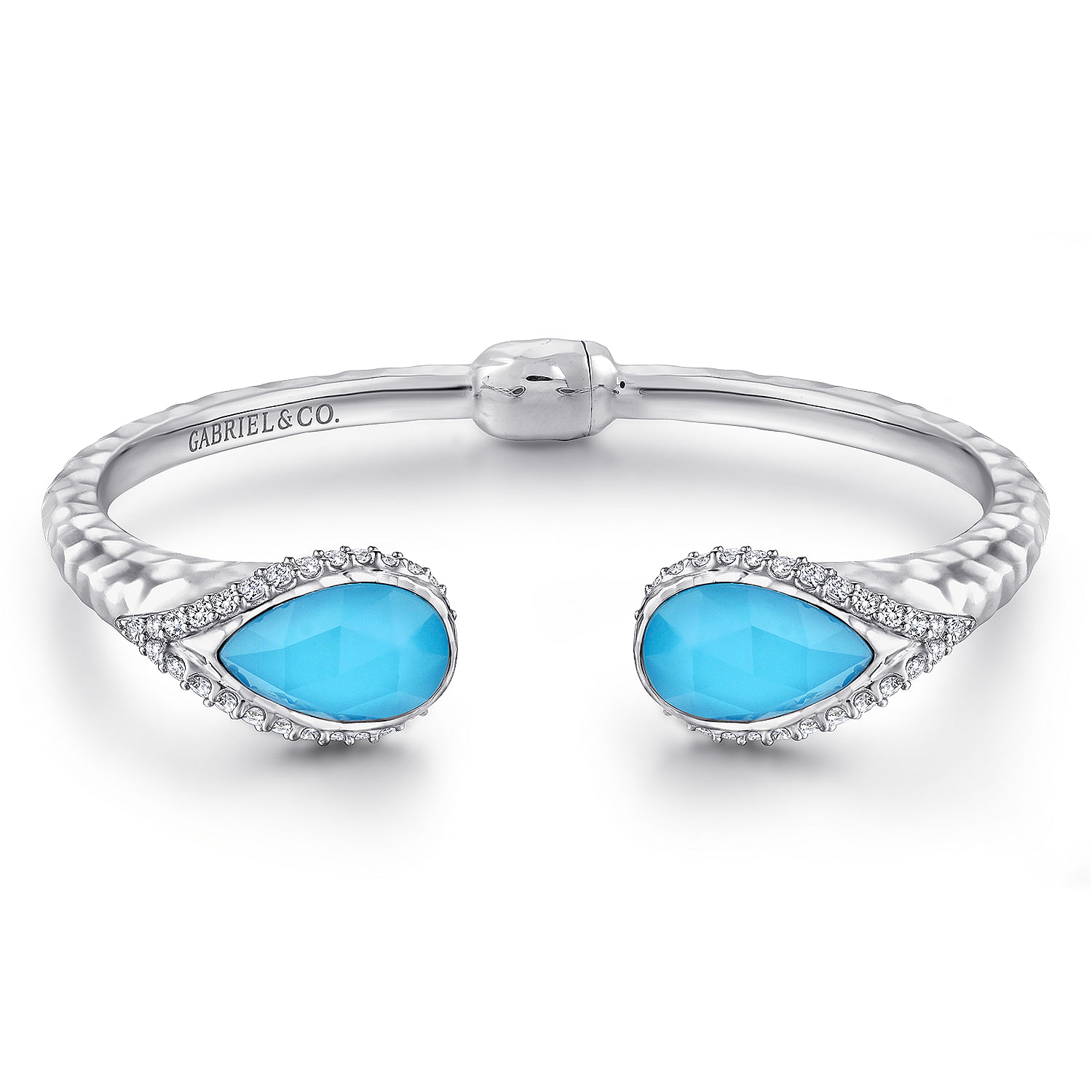 925 Sterling Silver Teardrop Rock Crystal/Turquoise and White Sapphire Split Bangle