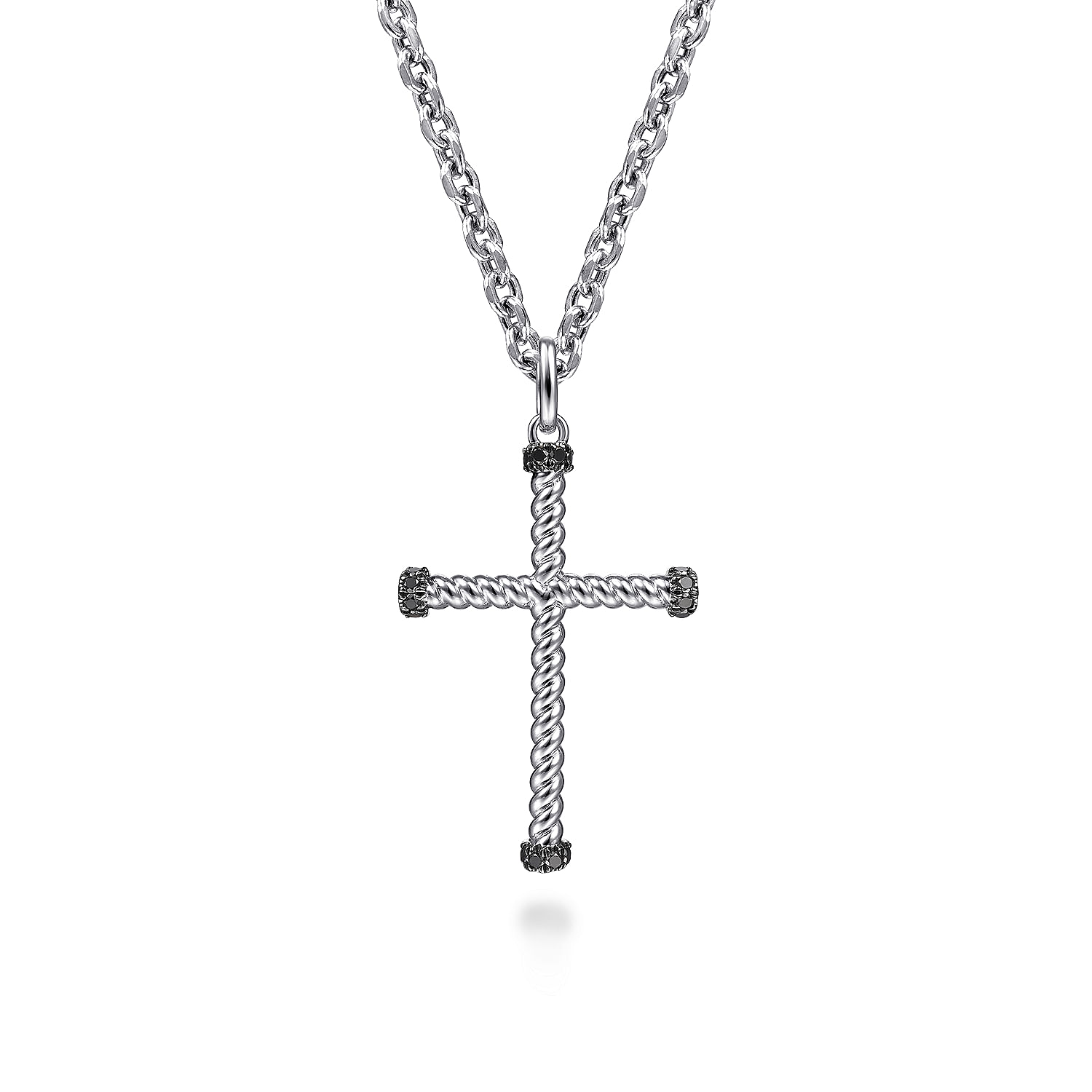 925 Sterling Silver Twisted Rope Cross Pendant with Black Spinel