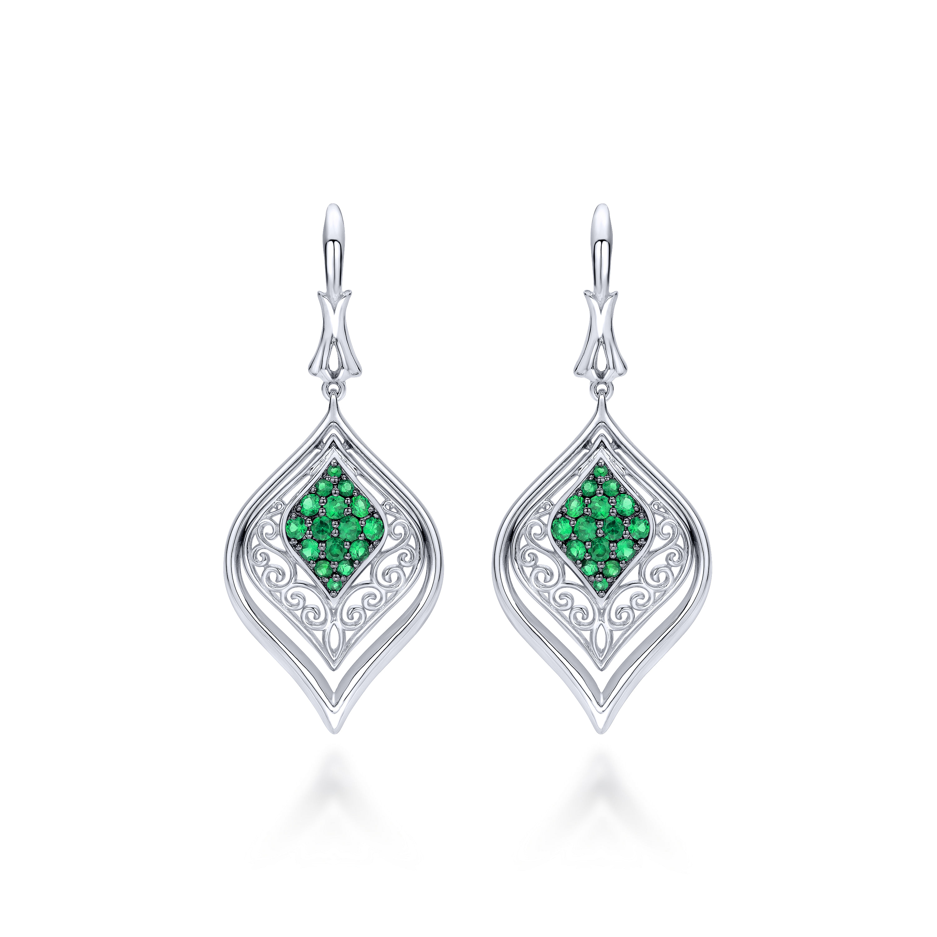 925 Sterling Silver Vintage Inspired Openwork Emerald Drop Earrings