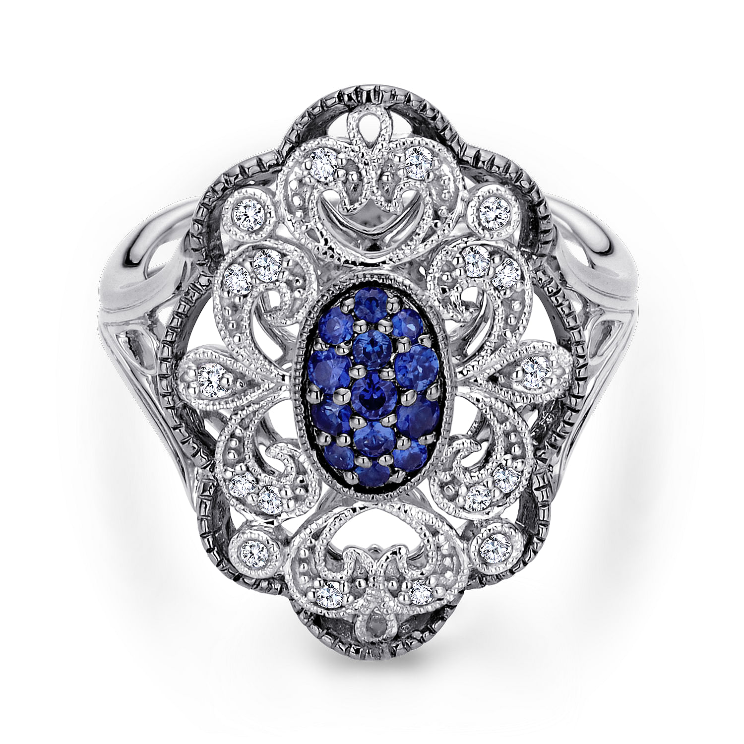 925 Sterling Silver Vintage Inspired Oval Blue and White Sapphire Ring