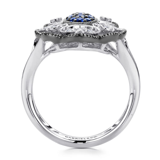 925 Sterling Silver Vintage Inspired Oval Blue and White Sapphire Ring angle 2