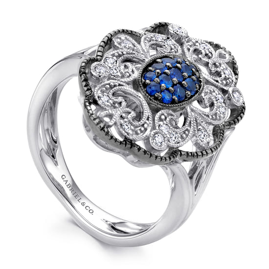 925 Sterling Silver Vintage Inspired Oval Blue and White Sapphire Ring angle 3