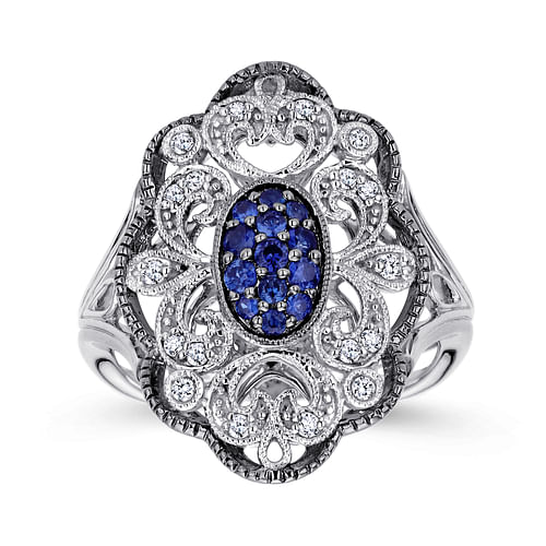 925 Sterling Silver Vintage Inspired Oval Blue and White Sapphire Ring