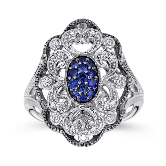 925 Sterling Silver Vintage Inspired Oval Blue and White Sapphire Ring angle 4