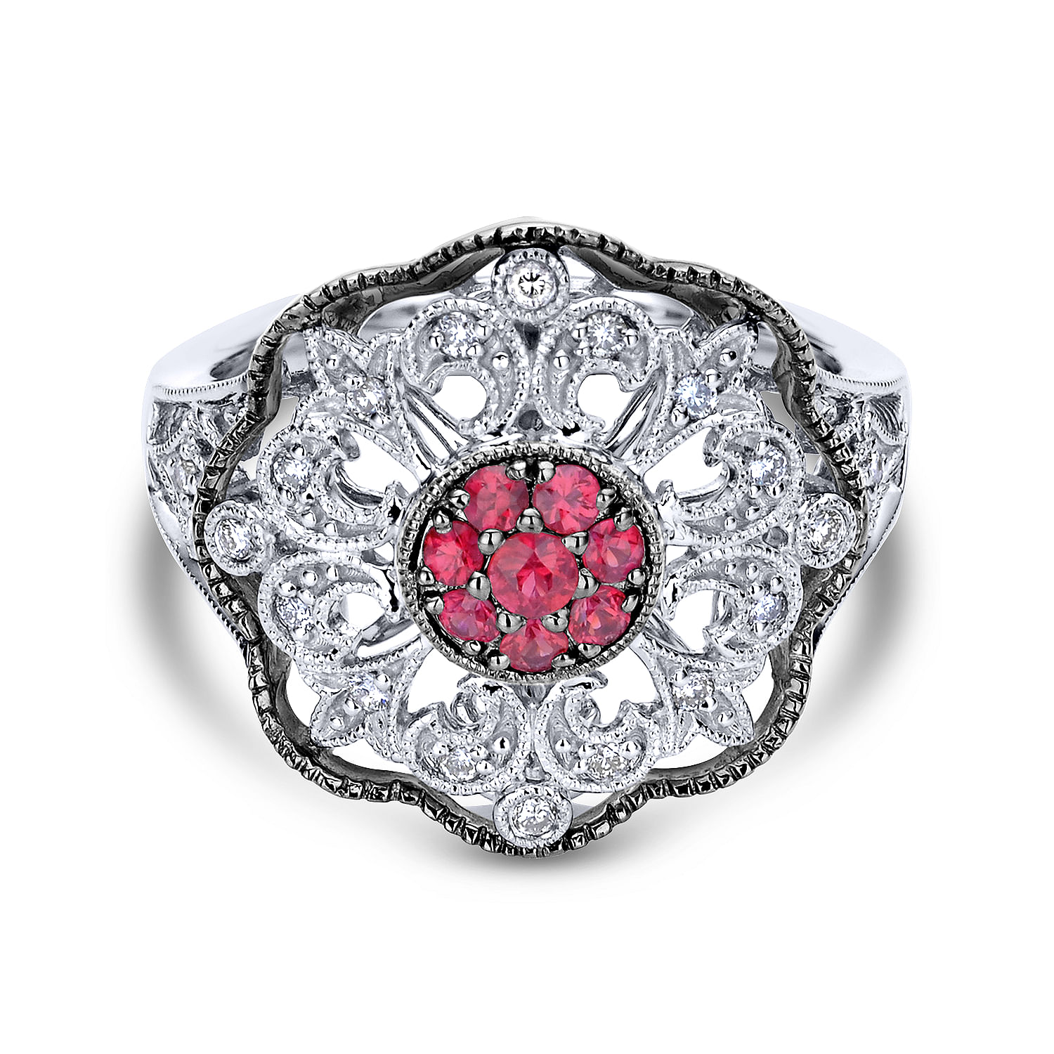 925 Sterling Silver Vintage Inspired Ruby and White Sapphire Ring