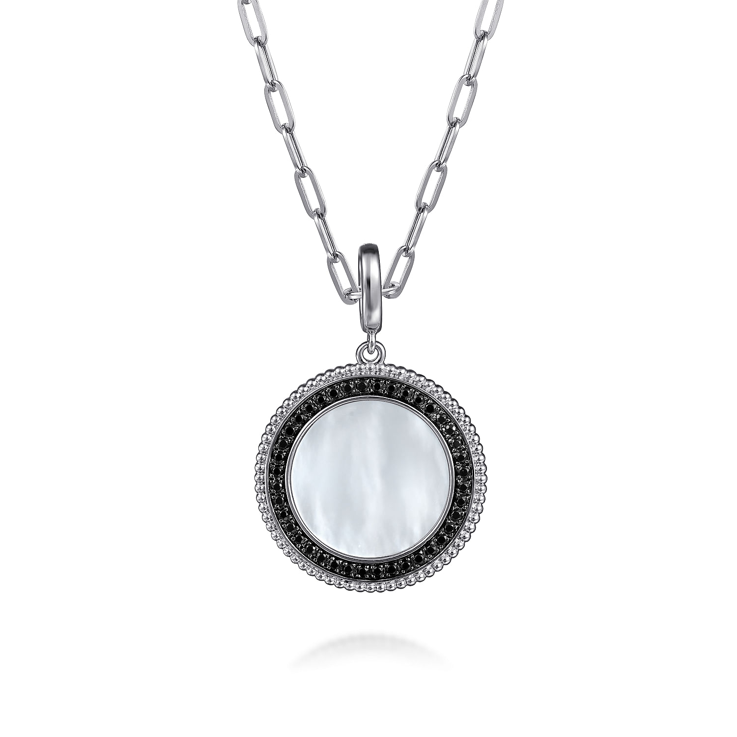 925 Sterling Silver White Mother Pearl and Black SpinelBujukan Medallion Pendant in size 24mm 