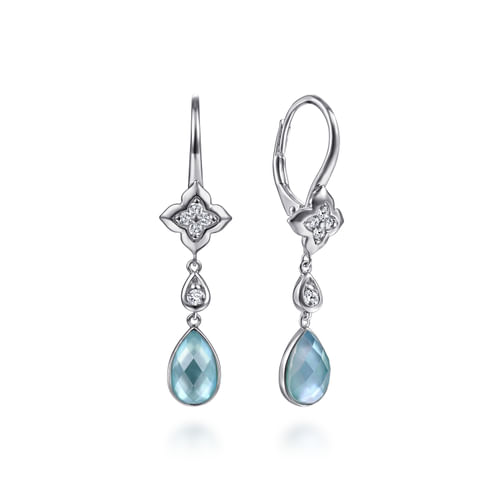 925 Sterling Silver White Sapphire Earrings with Blue Teardrops