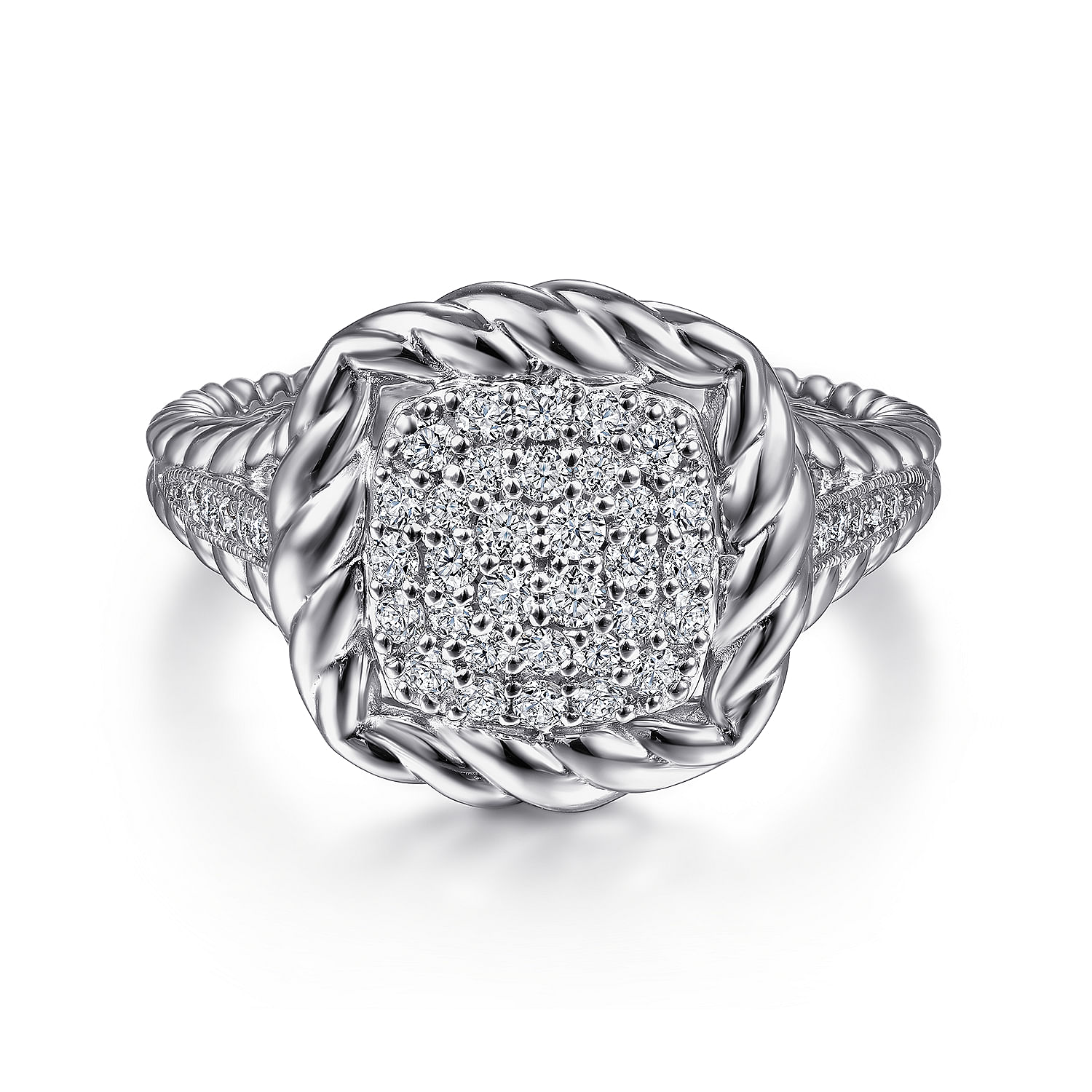 925 Sterling Silver White Sapphire Pavé Signet Ring with Rope Frame
