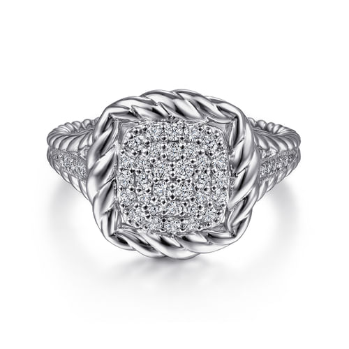 925 Sterling Silver White Sapphire Pavé Signet Ring with Rope Frame