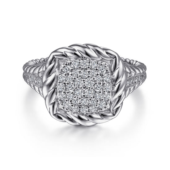 Gabriel - 925 Sterling Silver White Sapphire Pavé Signet Ring with Rope Frame