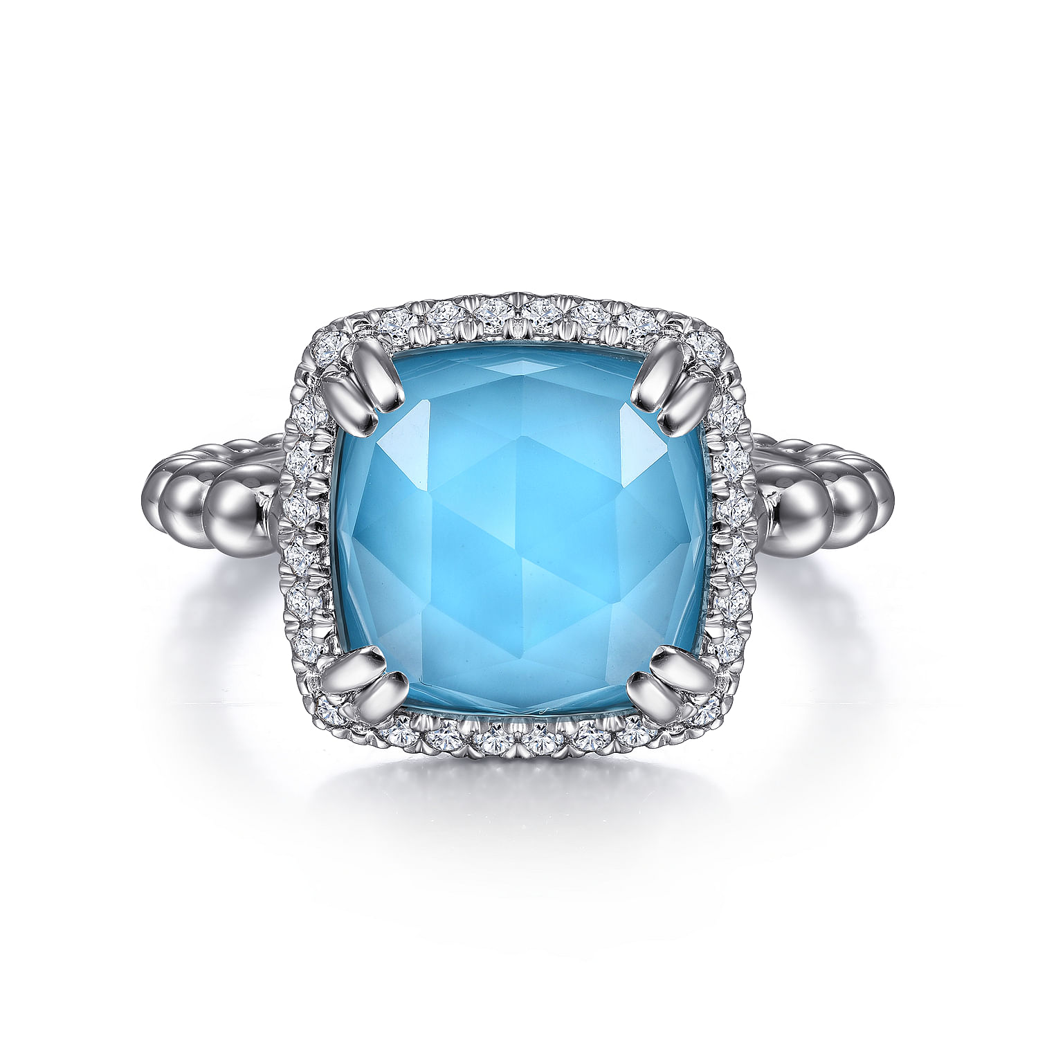 925 Sterling Silver White Sapphire, Rock Crystal and Turquoise Halo Signet Ring