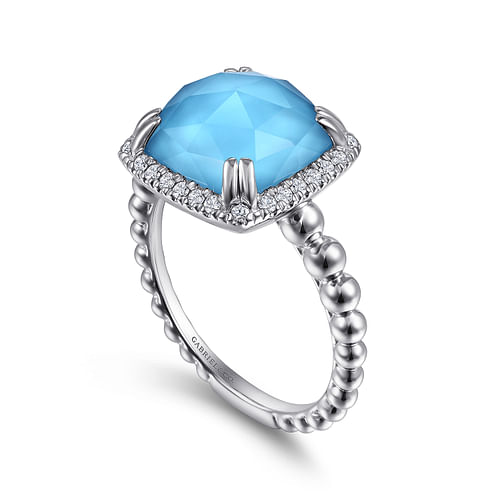 925 Sterling Silver White Sapphire, Rock Crystal and Turquoise Halo Signet Ring