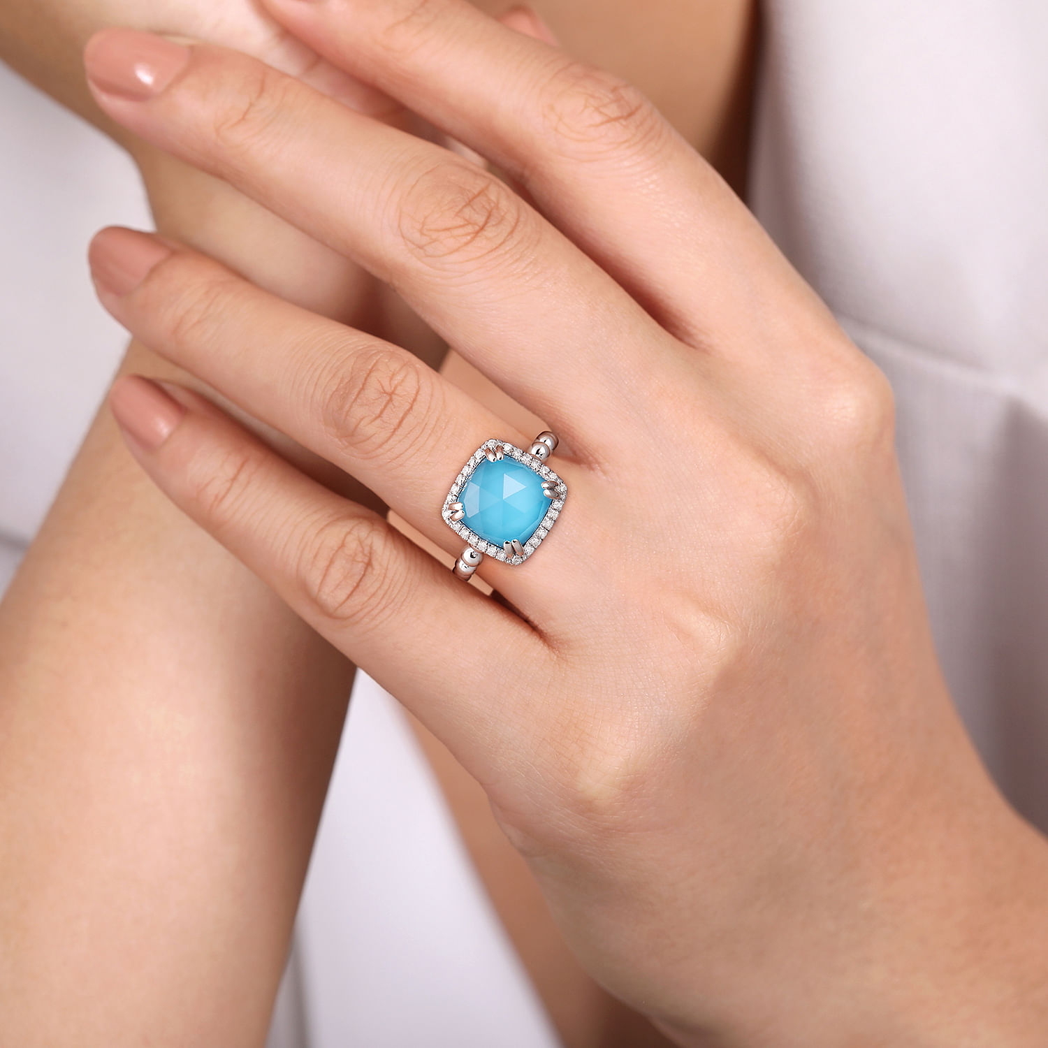 925 Sterling Silver White Sapphire, Rock Crystal and Turquoise Halo Signet Ring