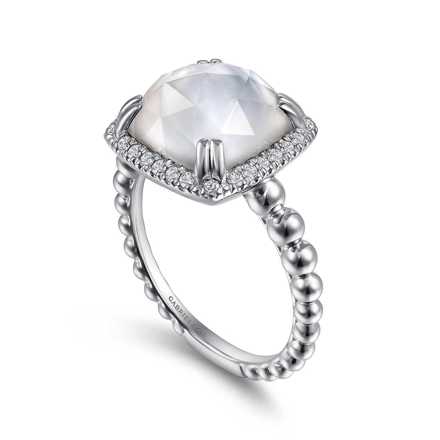 925 Sterling Silver White Sapphire, Rock Crystal and White Mother of Pearl Halo Ring