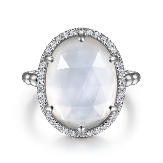 Gabriel - 925 Sterling Silver White Sapphire, Rock Crystal and White Mother of Pearl Oval Halo Signet Ring