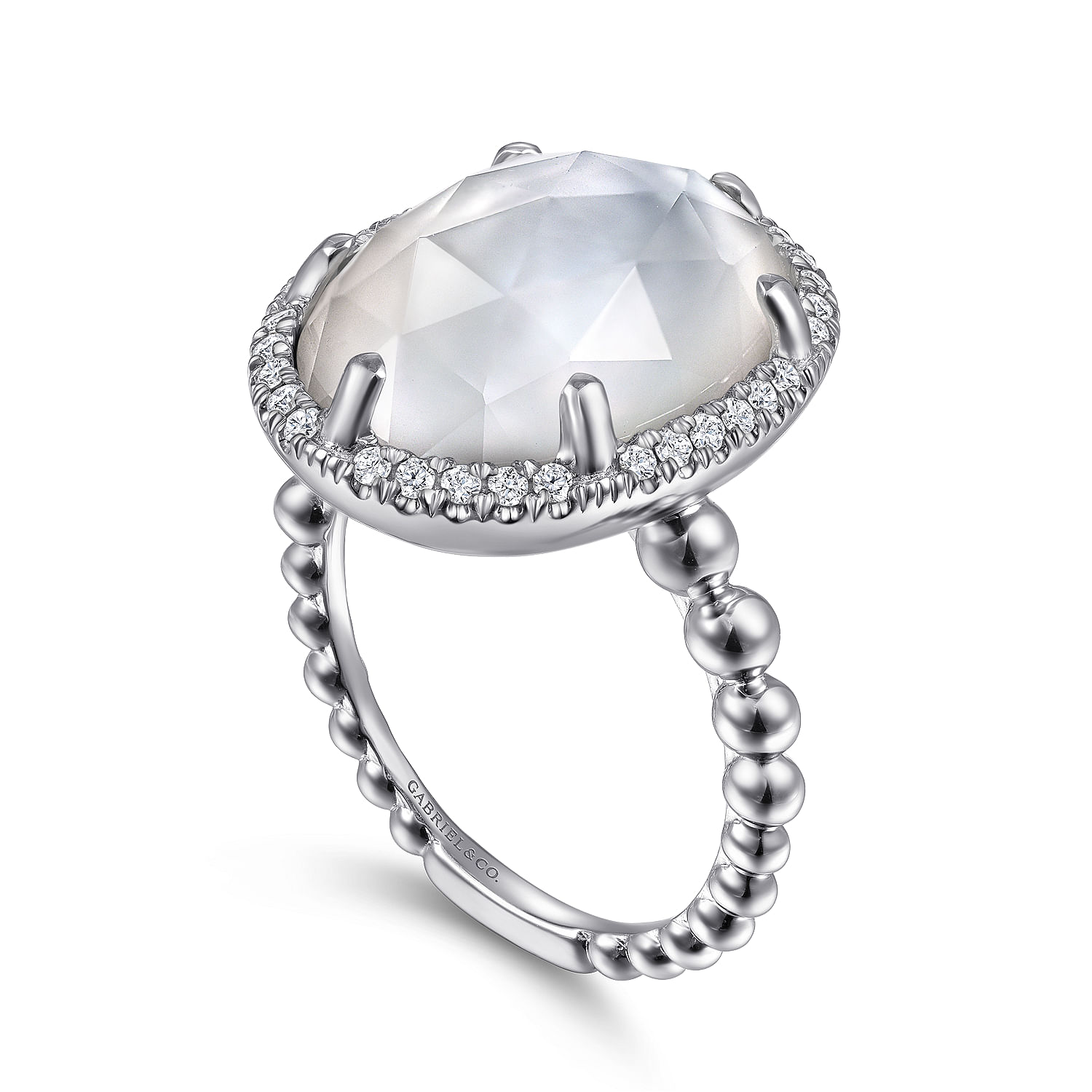 925 Sterling Silver White Sapphire, Rock Crystal and White Mother of Pearl Oval Halo Signet Ring
