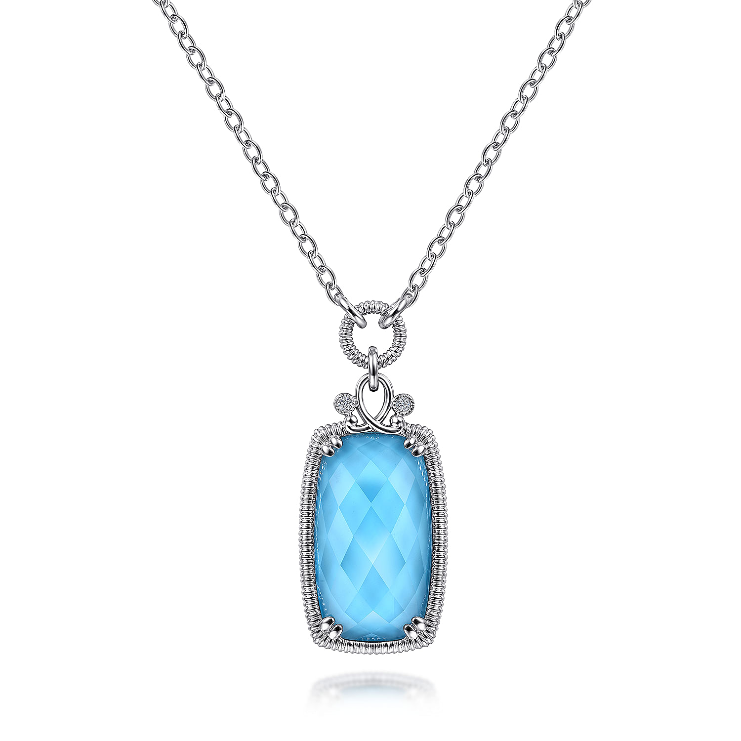 925 Sterling Silver White Sapphire and Rock Crystal/Turquoise Pendant Necklace