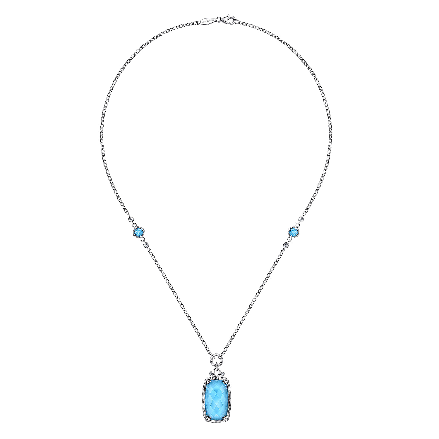 925 Sterling Silver White Sapphire and Rock Crystal/Turquoise Pendant Necklace