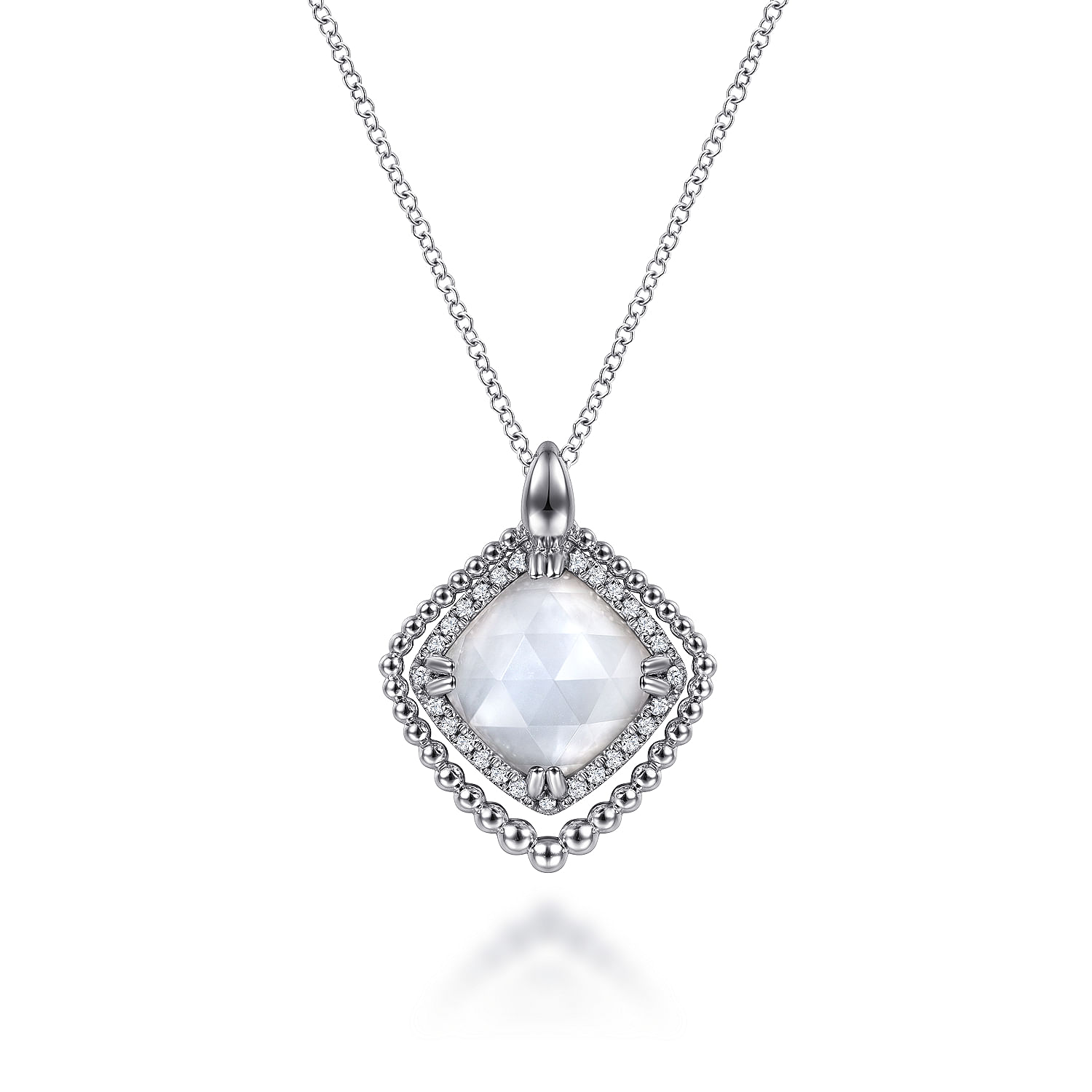 925 Sterling Silver White Sapphire and Rock Crystal/White MOP Pendant Necklace