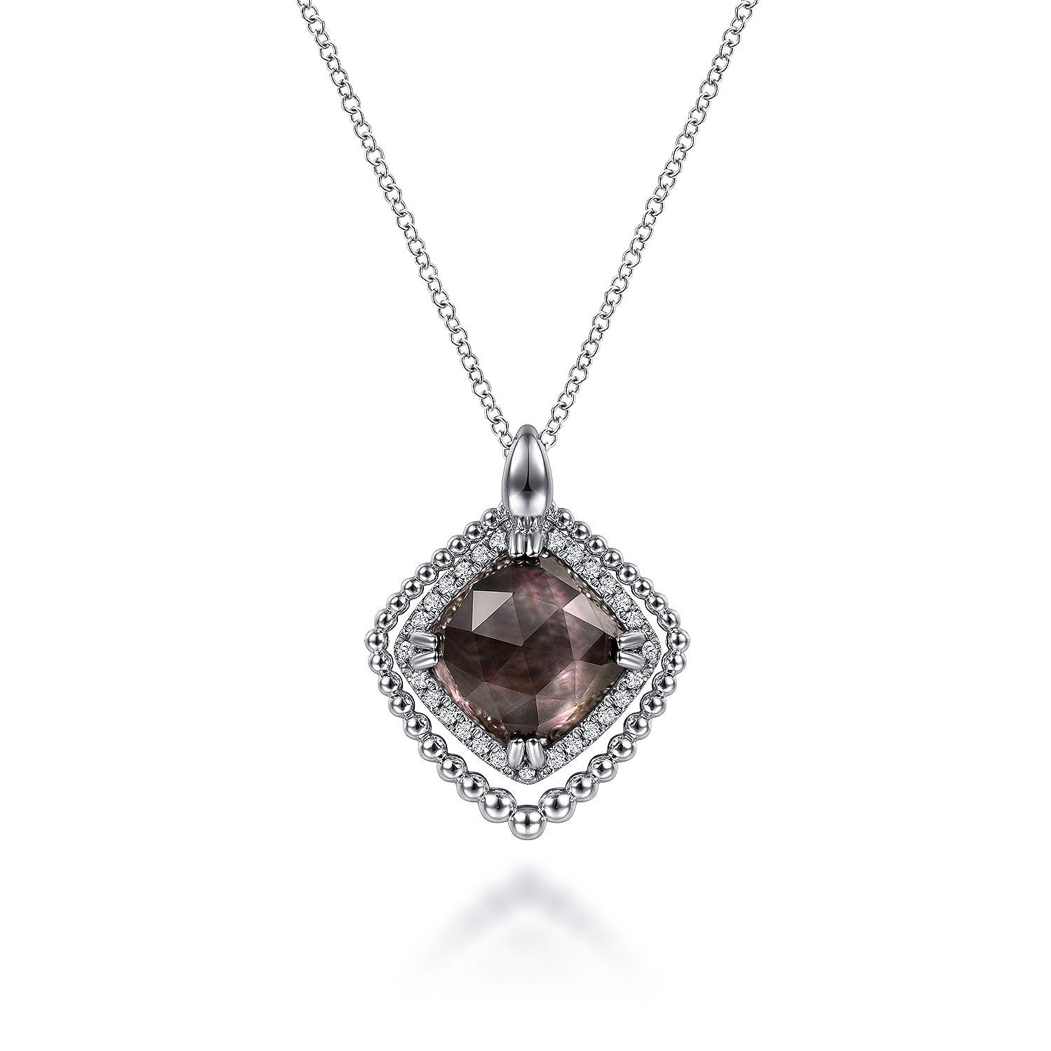 Gabriel - 925 Sterling Silver White Sapphire and Rock Crystal and Black MOP Pendant Necklace