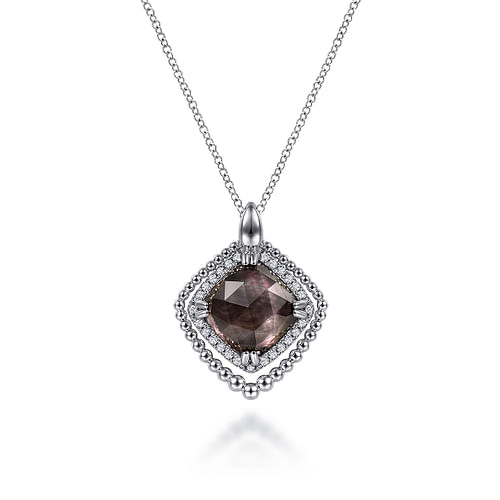 925 Sterling Silver White Sapphire and Rock Crystal and Black MOP Pendant Necklace