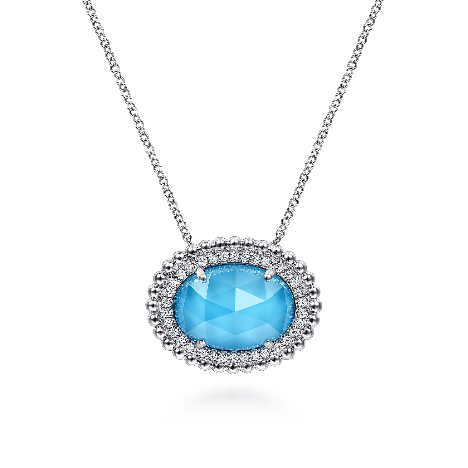 925 Sterling Silver White Sapphire and Rock Crystal and Turquoise Pendant Necklace