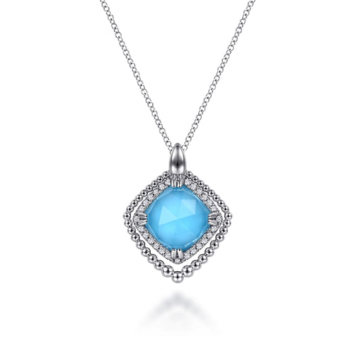 925 Sterling Silver White Sapphire and Rock Crystal and Turquoise Pendant Necklace