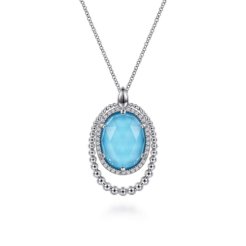 925 Sterling Silver White Sapphire and Rock Crystal and Turquoise Pendant Necklace