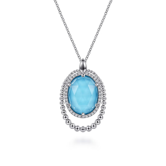 Gabriel - 925 Sterling Silver White Sapphire and Rock Crystal and Turquoise Pendant Necklace