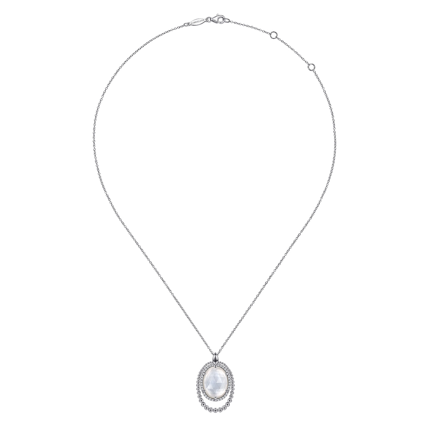 925 Sterling Silver White Sapphire and Rock Crystal and White MOP Pendant Necklace