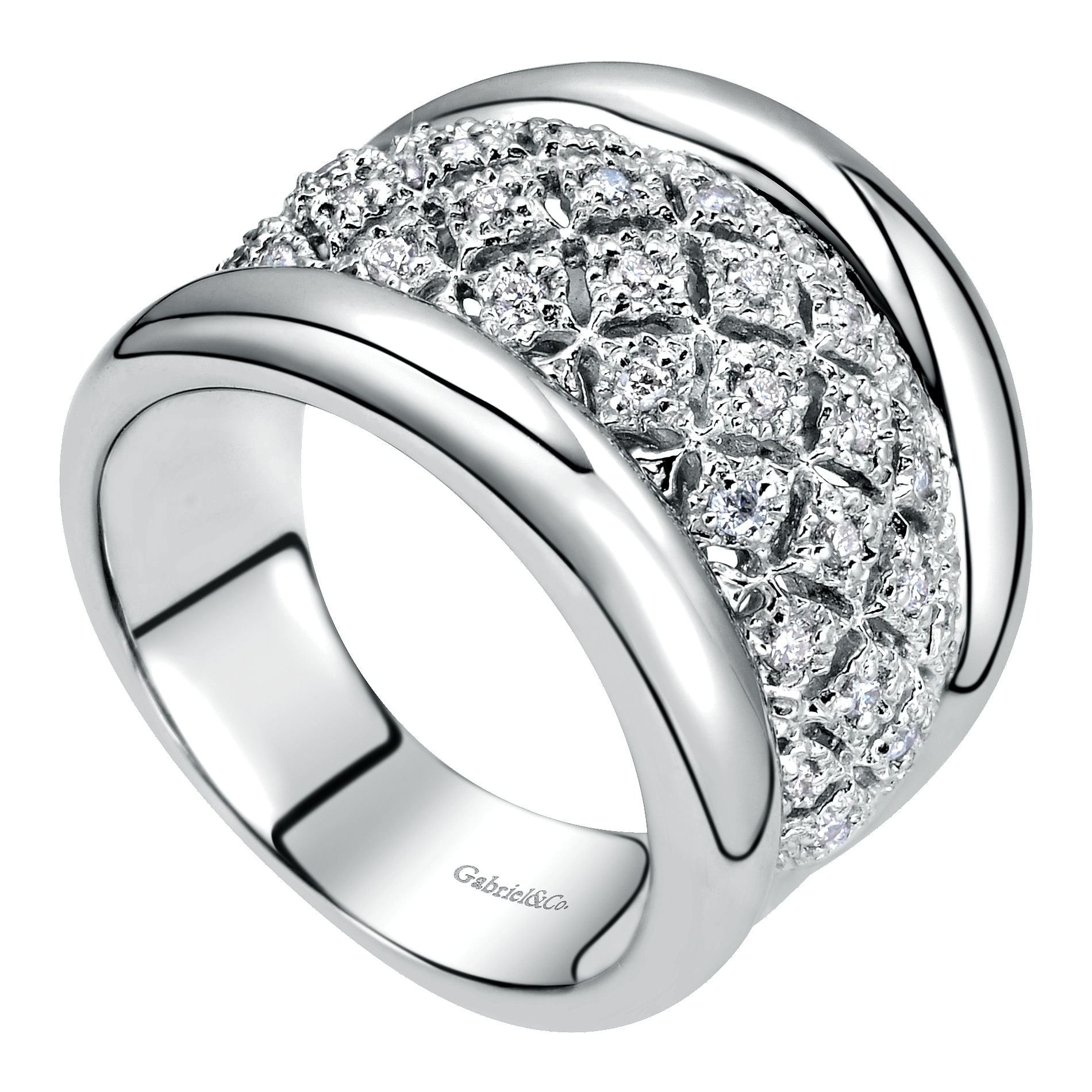 925 Sterling Silver Wide Band Ring with Open Work Diamond Center