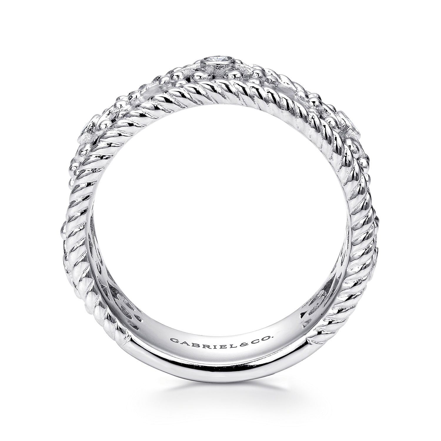 925 Sterling Silver Wide Band Ring with Twisted Rope and Diamond Accents