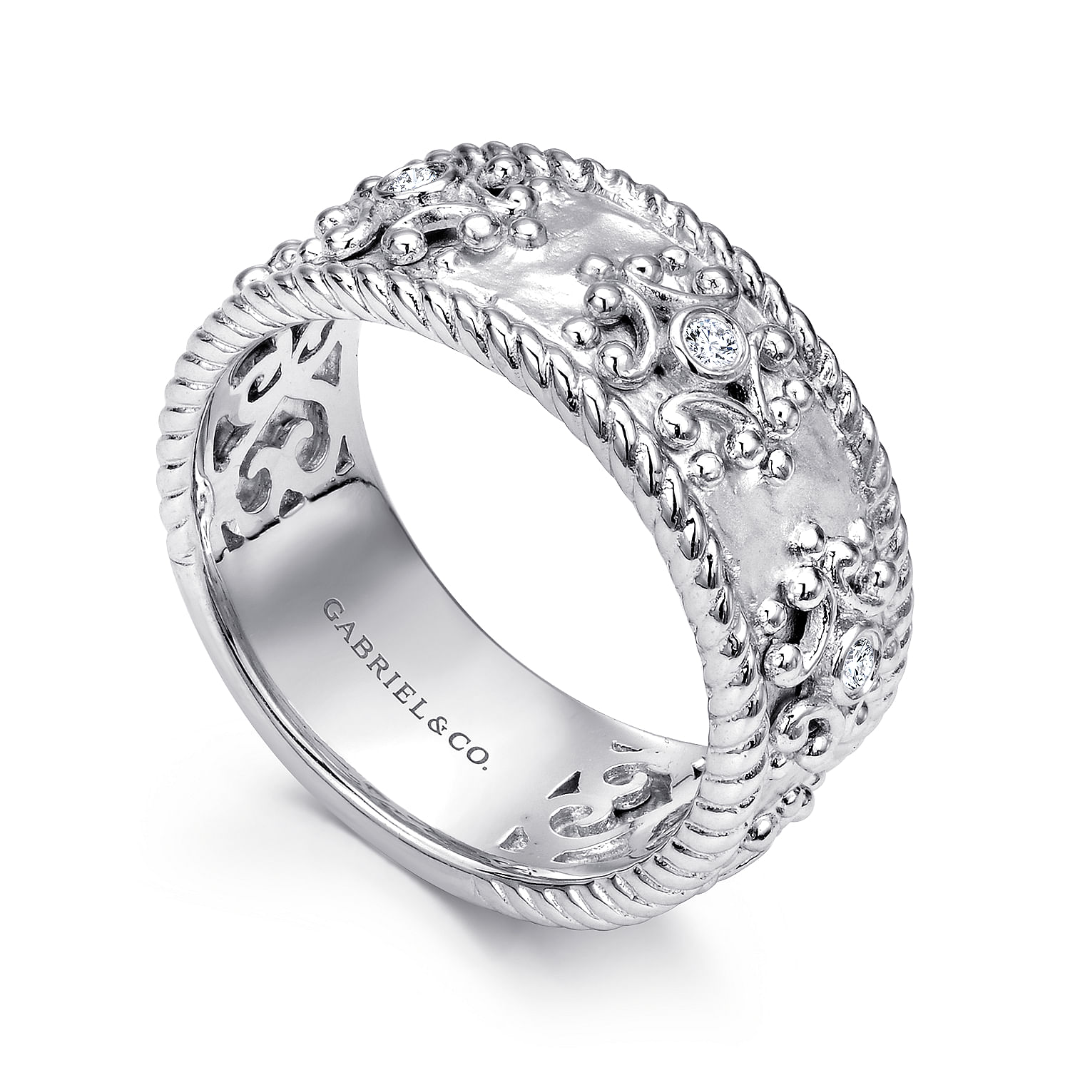 925 Sterling Silver Wide Band Ring with Twisted Rope and Diamond Accents