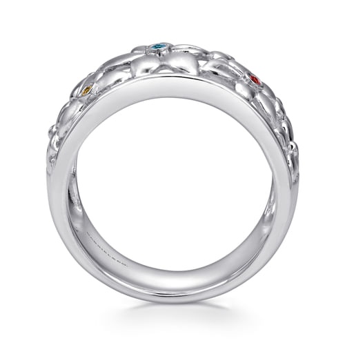 925 Sterling Silver Wide Flower Band with Multi Colored Stones 