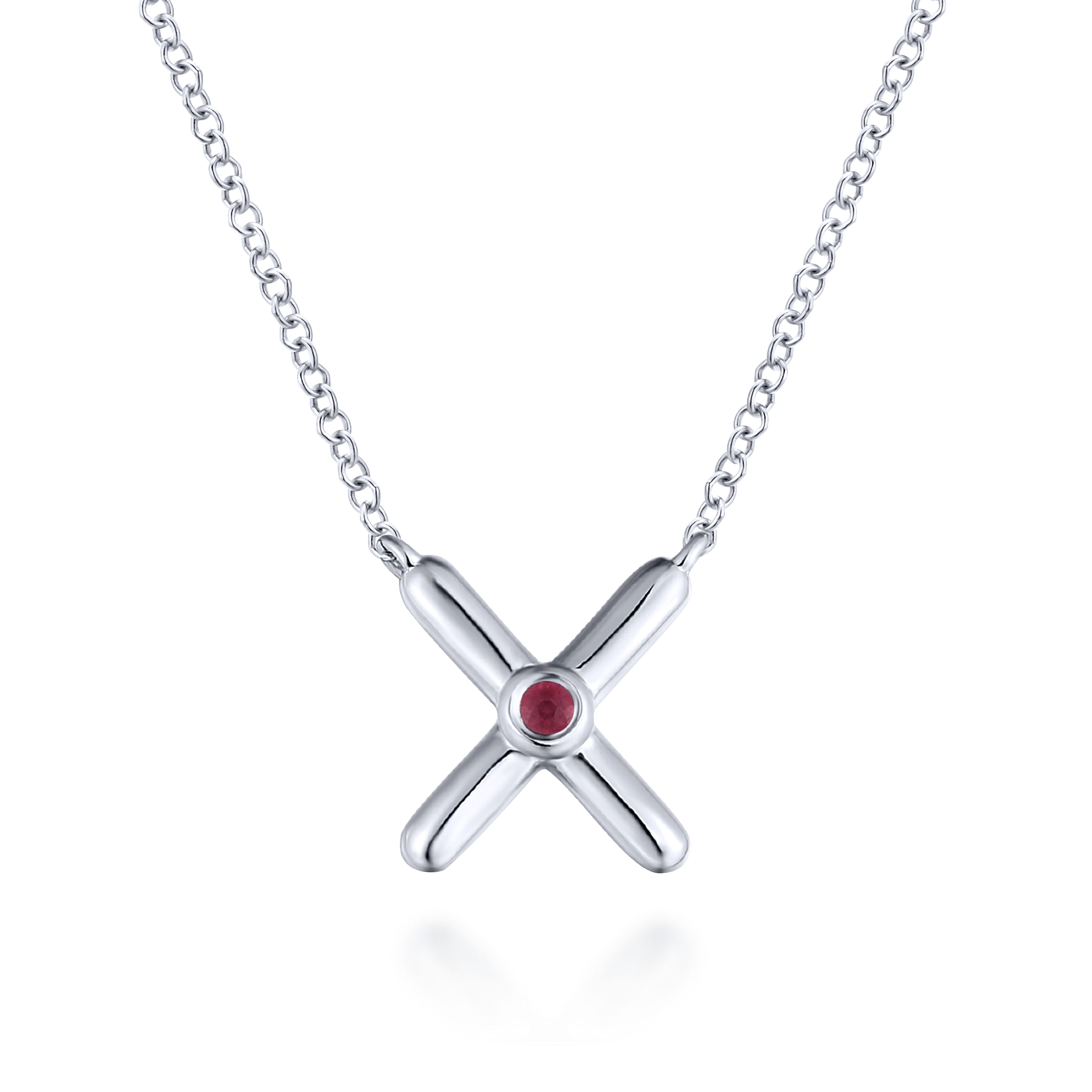 Gabriel - 925 Sterling Silver X Necklace with Ruby Stone Center