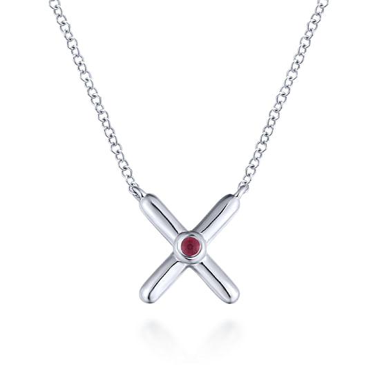 Gabriel - 925 Sterling Silver X Necklace with Ruby Stone Center