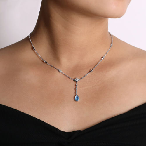 925 Sterling Silver Y Necklace with Teardrop Rock Crystal/White MOP/Green Onyx Y