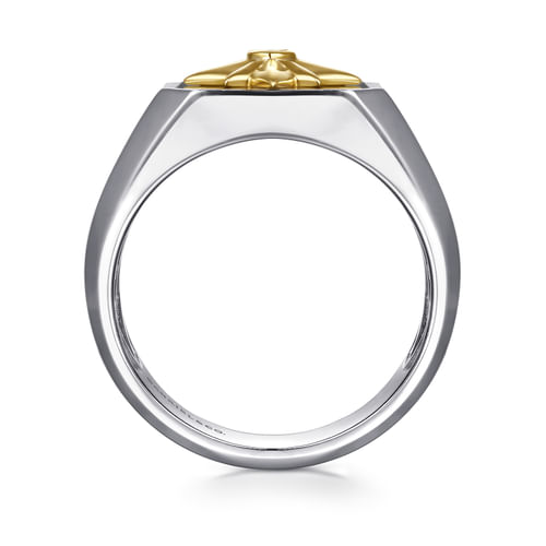 925 Sterling Silver and 14K Yellow Gold Startburst Mens Signet Ring