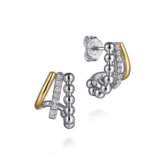 925 Sterling Silver and 14K Yellow Gold White Sapphire J Hoop Earrings-Bujukan