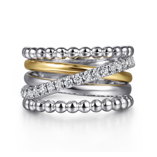 925 Sterling Silver and 14K Yellow Gold White Sapphire Wide Band Ring-Bujukan
